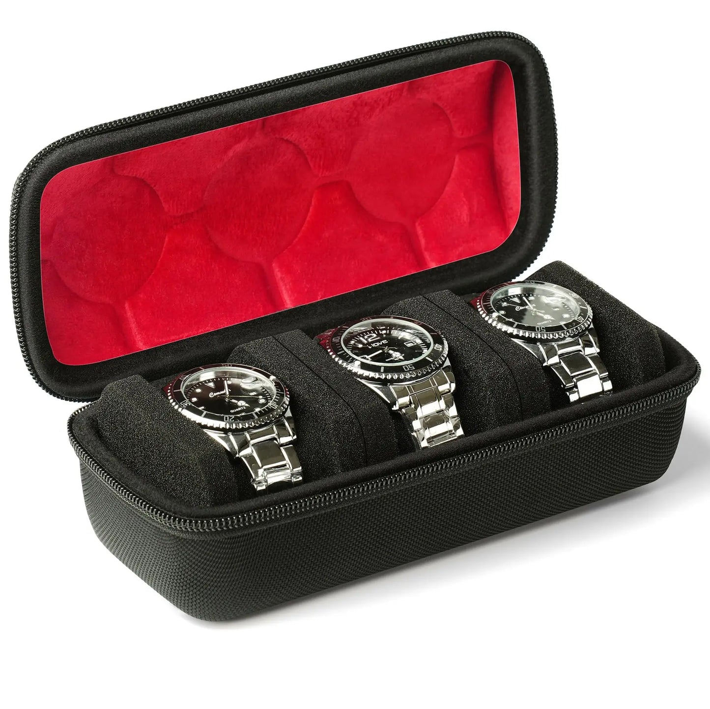 2/3/5 Slots Watch Travel Case,Hard Watch Roll, Travel Watch Organizer Case with Form-Fitting Pillow, Red Microfiber Lining